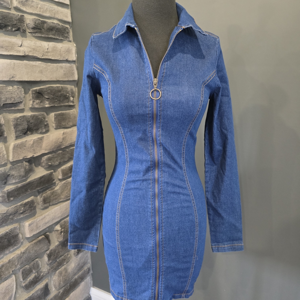 Blue Denim Zip-Front Bodycon Dress